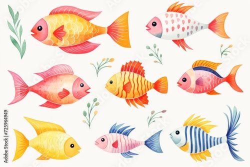 The image features a collection of nine colorful fish, each with its own unique pattern and coloration. They are set against a white background and are surrounded by green seaweed.