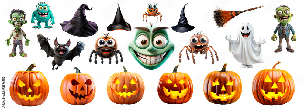 Naklejka premium Halloween Characters and Pumpkins Set on transparent .Stickers clip art
