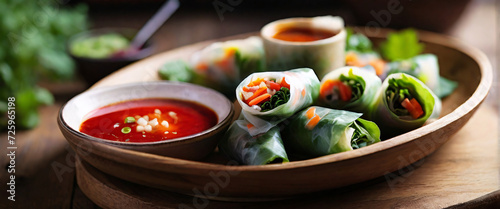 A vibrant array of spring rolls on a rustic wooden table. The spring rolls are filled with fresh  colorful vegetables  and a side of tangy dipping sauce in a small  round bowl