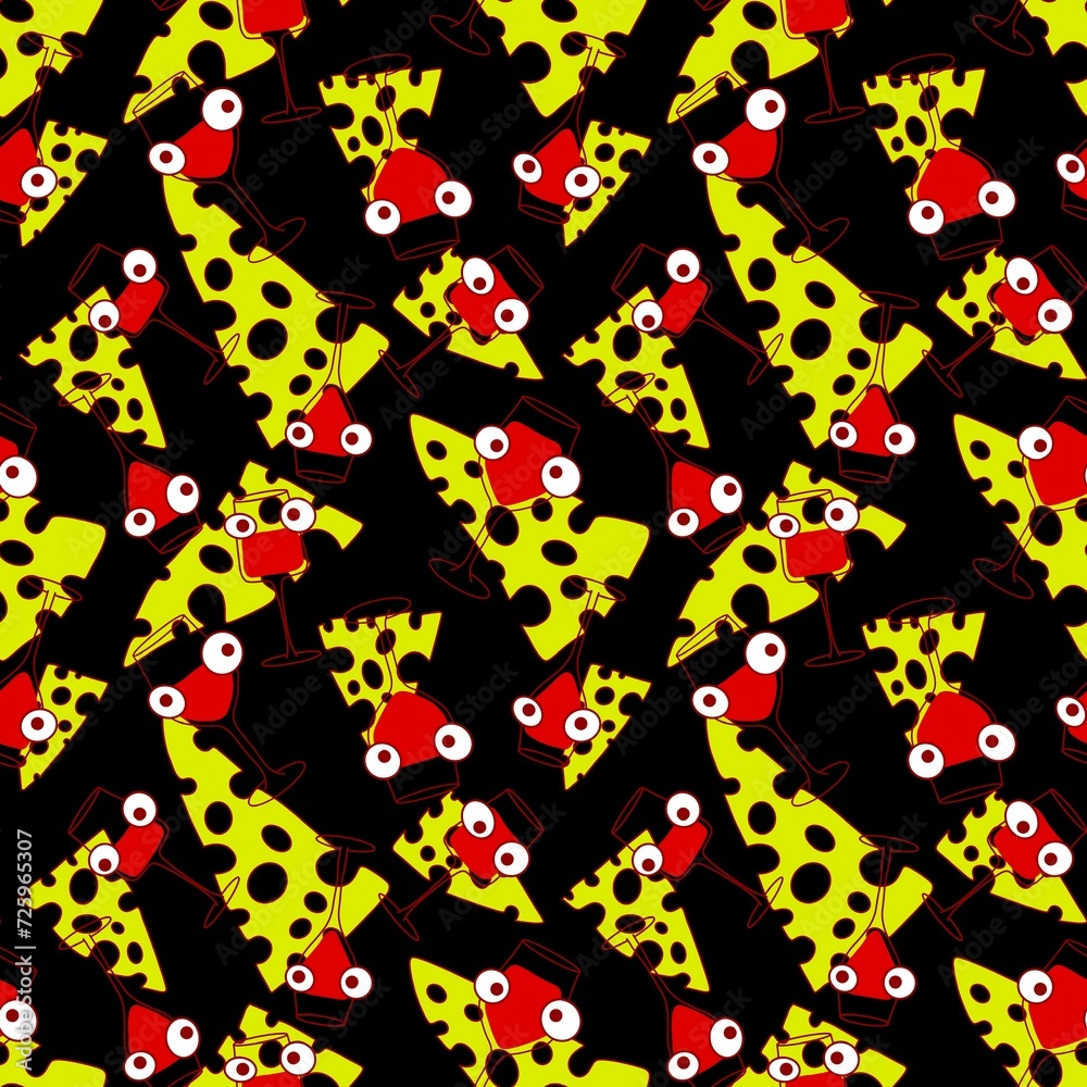 Fototapeta premium Cartoon doodle seamless glasses of wine and cheese pattern for wrapping paper and fabrics and party accessories