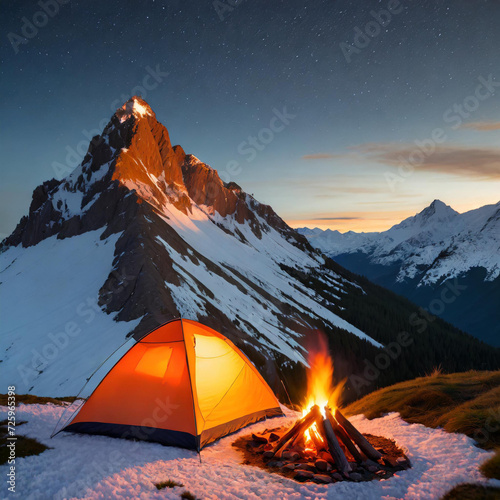 Camping tent and camping fire in front of snow-covered mountain landscape © oktay