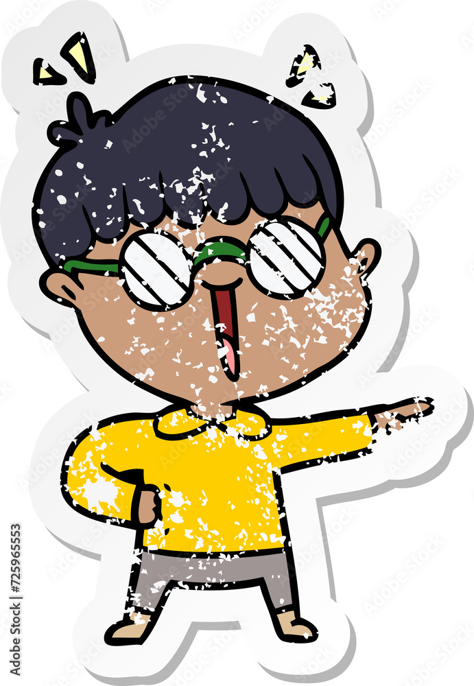 distressed sticker of a cartoon boy wearing spectacles distressed sticker of a cartoon boy wearing spectacles