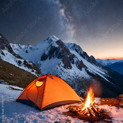Camping tent and camping fire in front of snow-covered mountain landscape
