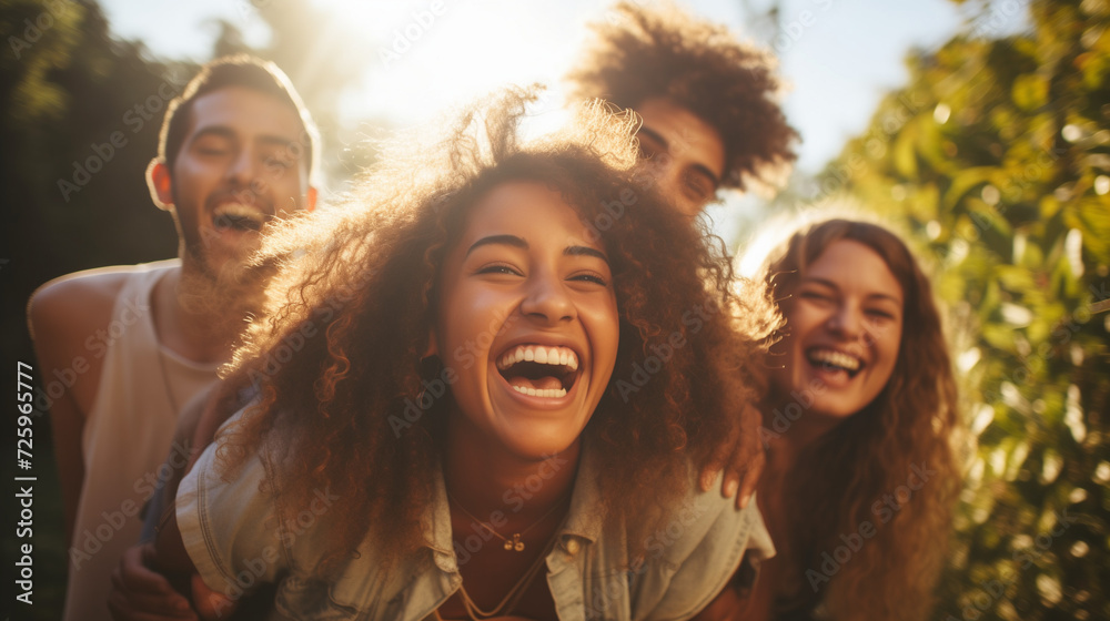 Group of friends having fun outdoors. Multiracial group of cheerful best friends having fun together enjoying summer day in park. Men and women lift up their dark-skinned girlfriend. Lifestyle concept