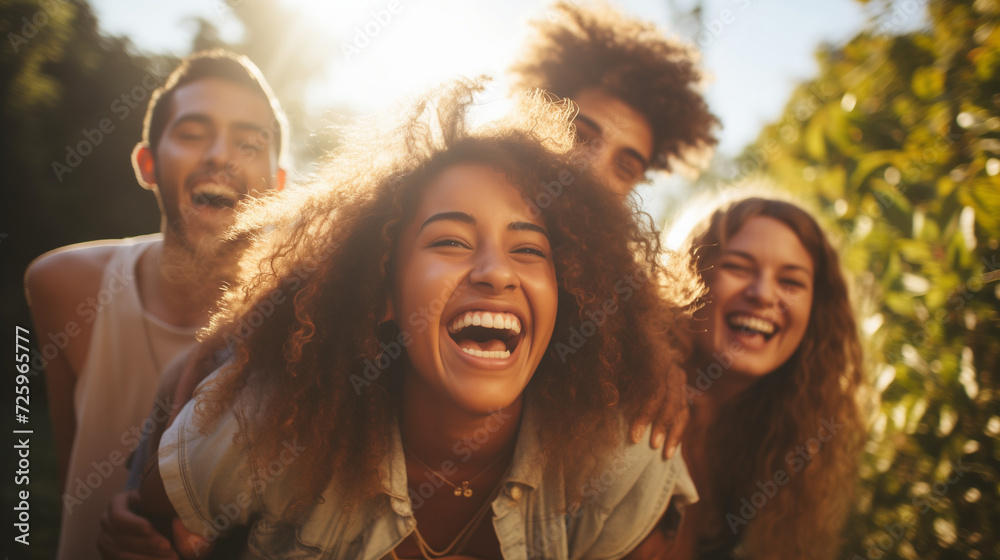 Obraz premium Group of friends having fun outdoors. Multiracial group of cheerful best friends having fun together enjoying summer day in park. Men and women lift up their dark-skinned girlfriend. Lifestyle concept