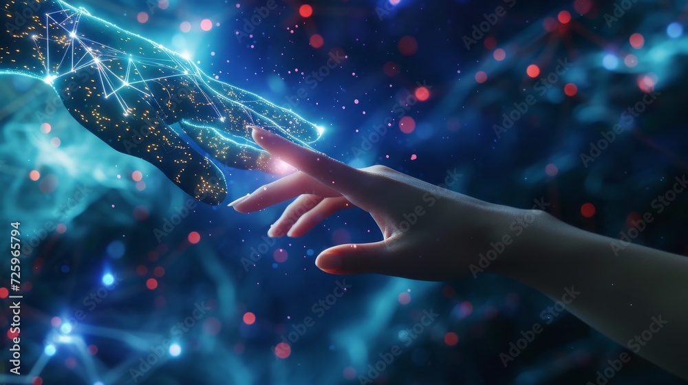 Bridging worlds, human and AI hand touching in digital realm - obrazy, fototapety, plakaty 