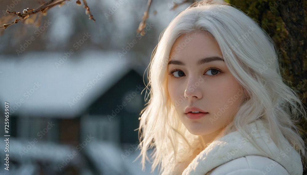 Young Blonde Woman in White Coat, Emotional Expression amidst Snowy Winter Landscape with Floating White Hair and Detailed Facial Features Young Blonde Woman in White Coat, Emotional Expression amidst Snowy Winter Landscape with Floating White Hair and Detailed Facial Features