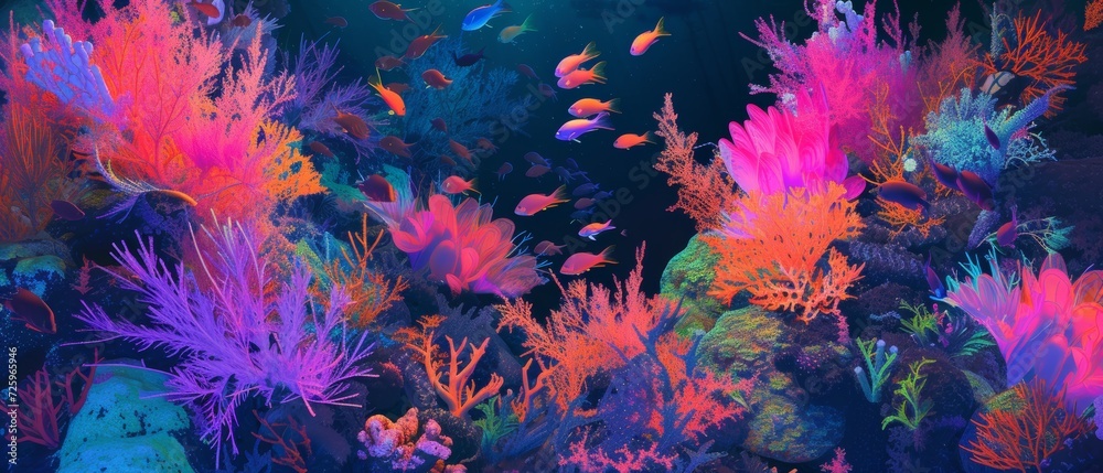 Phosphorescent coral reef, abstractly reimagined with fluorescent pinks, oranges, and blues