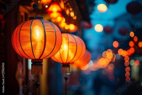 Chinese lanterns glowing warmly on a street at night, symbolizing celebration and cultural heritage