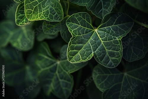 Nature's intricate patterns, close-up of vibrant green ivy leaves, highlighting their delicate vein structure.

