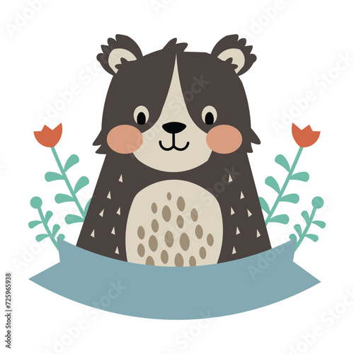 Adorable and affectionate mama bear, joyfully holding a birthday sign for writing text, with a cartoon baby bear, in a friendly and tender Scandinavian style, brown and earth tones. Vector