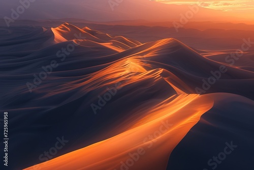Desert dunes at sunset, with ripples of sand glowing under the soft light, evoking a sense of vastness and mystery.