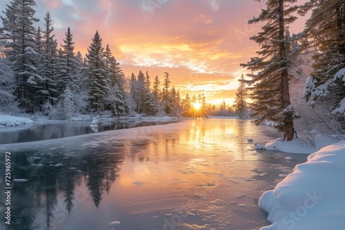 Breathtaking winter sunrise over a tranquil frozen lake surrounded by snow-dusted pine trees, exuding peace and stillness.