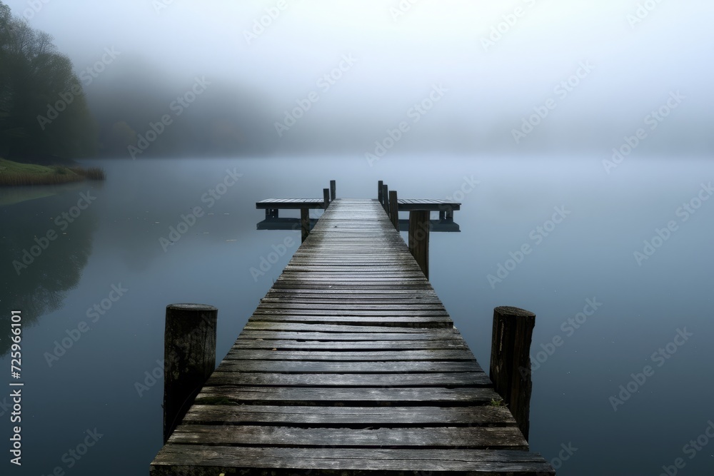 Misty dock on a tranquil lake, evoking a sense of peace and solitude in a foggy morning atmosphere.

