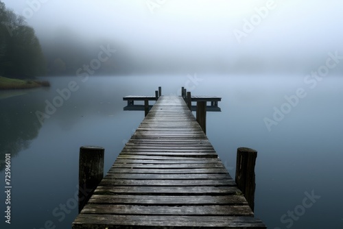 Misty dock on a tranquil lake  evoking a sense of peace and solitude in a foggy morning atmosphere.  