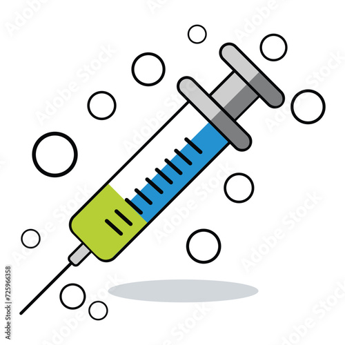 Injection syringe for health, medicine administered by a doctor or nurse, with antidote for germs, cure for diseases, anesthesia, healing, and bubbles around. White background. Vector illustration