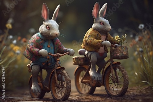 illustration, bunnies on a bicycle