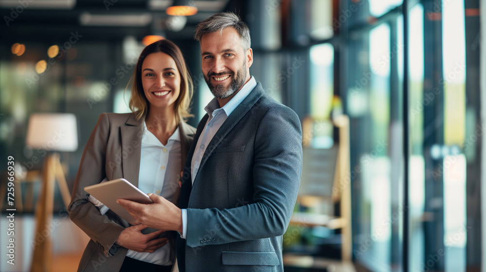 smiling two professional business people standing in office with with digital tablets