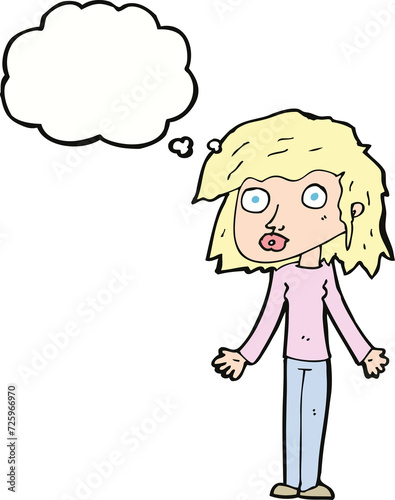 cartoon girl shrugging shoulders with thought bubble