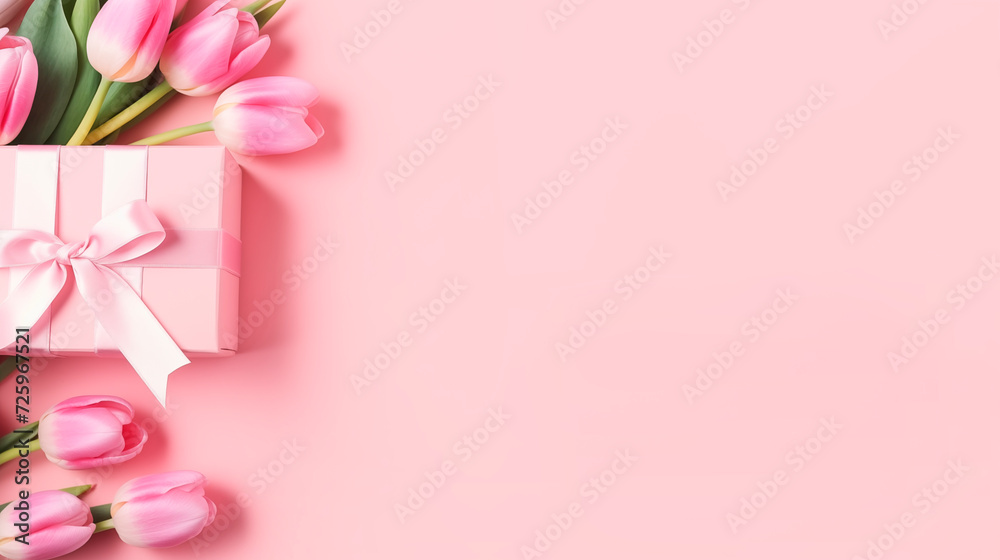Top view of a bouquet of tulips and a gift box with a ribbon bow. Gift and pink tulips on a pastel pink background with copy space. Mother's Day and Valentine's Day concept