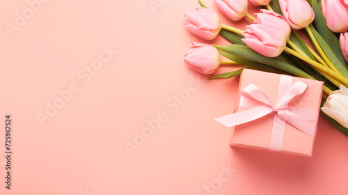 Top view of a bouquet of tulips and a gift box with a ribbon bow. Gift and pink tulips on a pastel pink background with copy space. Mother's Day and Valentine's Day concept © Mariia