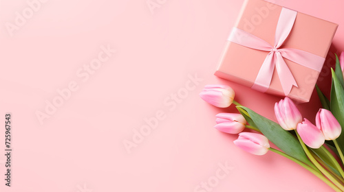 Top view of a bouquet of tulips and a gift box with a ribbon bow. Gift and pink tulips on a pastel pink background with copy space. Mother's Day and Valentine's Day concept © Mariia