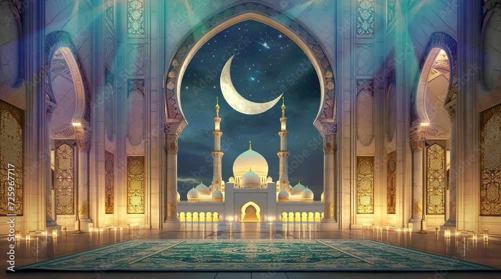 Mosque podium with Ramadan decorations Seamless looping 4k time-lapse virtual video animation background. Generated AI	