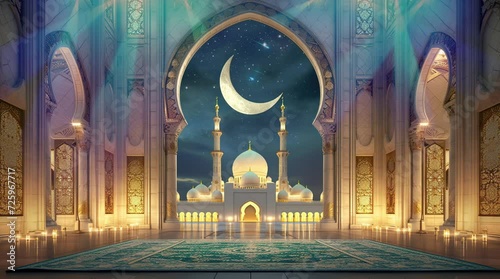 Mosque podium with Ramadan decorations Seamless looping 4k time-lapse virtual video animation background. Generated AI	 photo