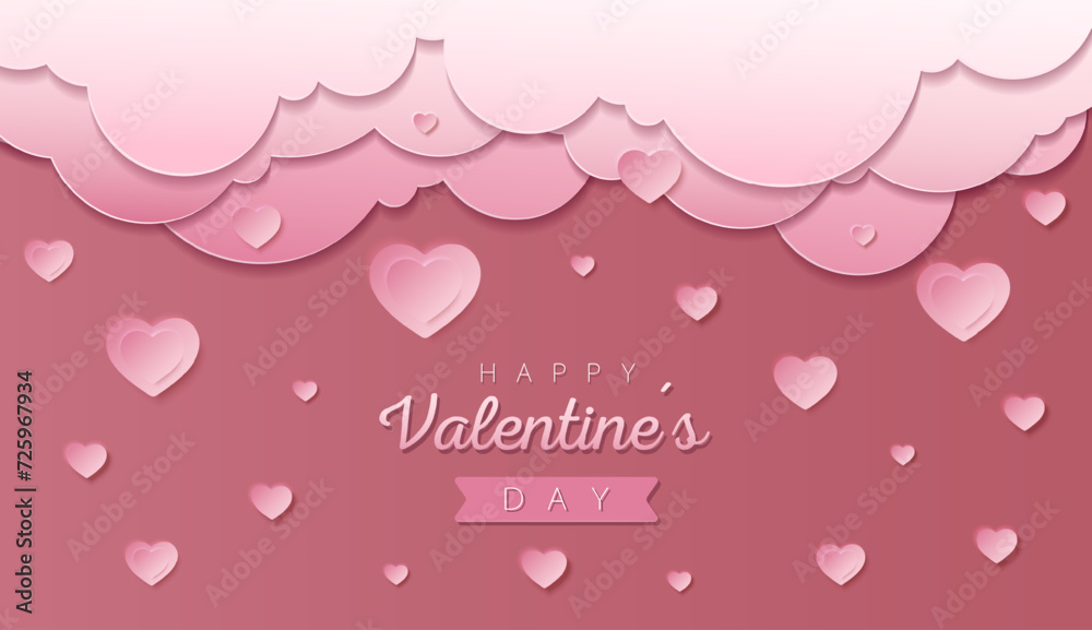Happy Valentine's day wallpaper or banner with hearts. Beautiful paper cut heart frame on rose background. Vector illustration for cosmetic product display, valentine day festival design, presentation
