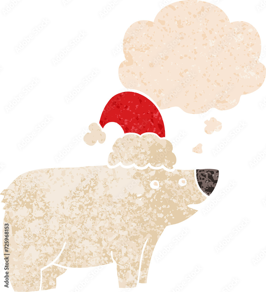 cartoon bear wearing christmas hat and thought bubble in retro textured style cartoon bear wearing christmas hat and thought bubble in retro textured style