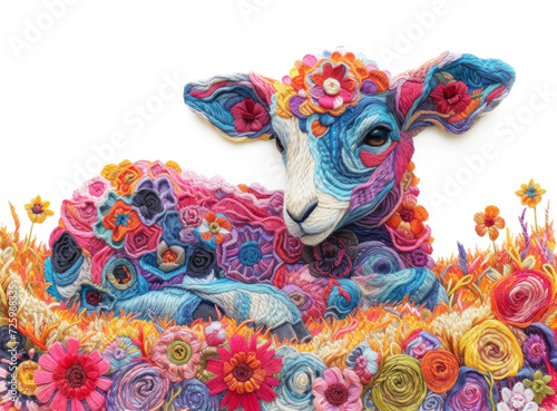 Lying Lamb Colorful Embroidery on White Background