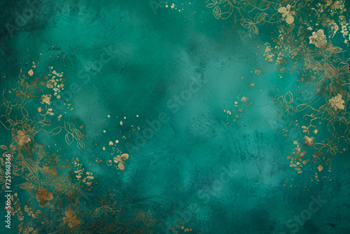 Turquoise Textured Background with Gold Floral Ornaments photo