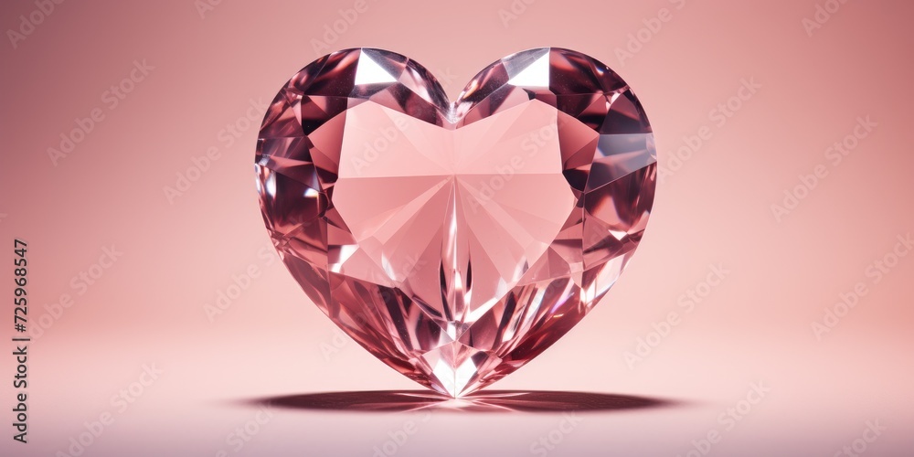 3D glass heart on a pink background, space for text. 