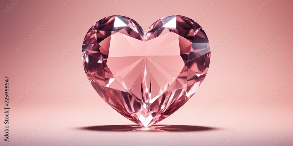 Fototapeta premium 3D glass heart on a pink background, space for text.