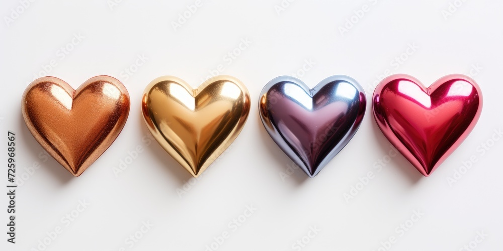 Set of four metal hearts on a white background. View from above Set of four metal hearts on a white background. View from above