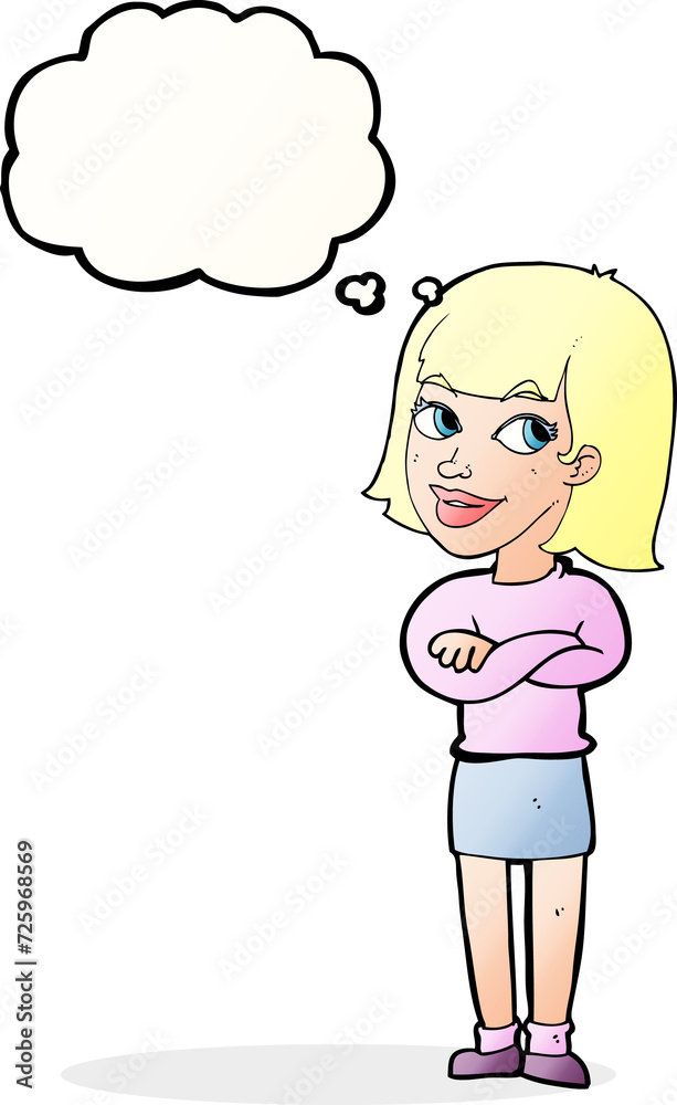 cartoon happy woman looking over with thought bubble cartoon happy woman looking over with thought bubble