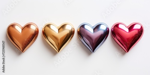 Set of four metal hearts on a white background. View from above