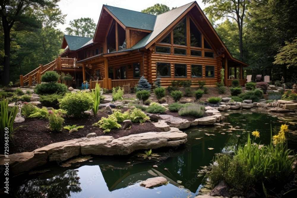 Harmonious Log House Embraced by Lush Greenery, Flowing Waters, and Serene Landscapes