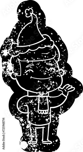 happy cartoon distressed icon of a man wearing santa hat