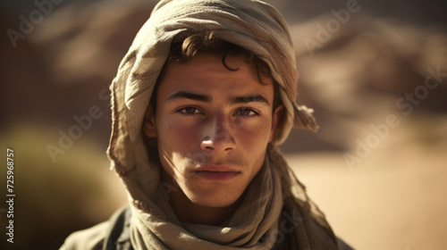 Serious young Moroccan man in the desert