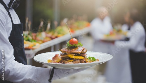 Waiter carrying plates with meat dish on some festive event, party or wedding reception restaurant.