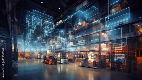  Futuristic technology. Digitalization of Industry process, retail warehouse.