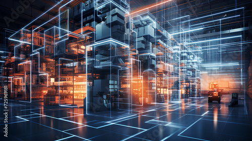  Futuristic technology. Digitalization of Industry process, retail warehouse.