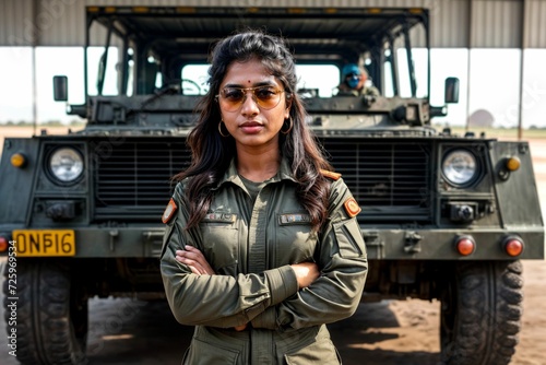 A strong and determined soldier girl standing proudly in front of an armored vehicle