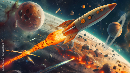  space-themed illustration of a rocket-shaped pizza delivery spacecraft delivering pizzas to distant planets. photo