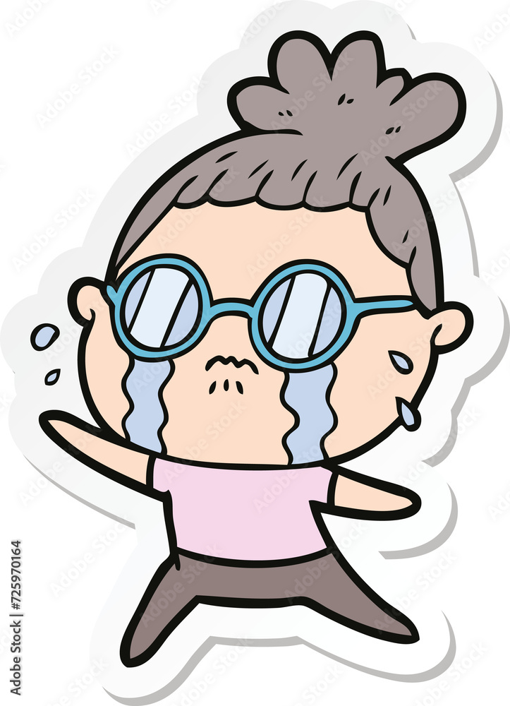 sticker of a cartoon crying woman wearing spectacles