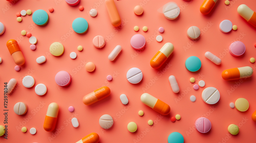 medicines scattered on a salmon-colored countertop medicines scattered on a salmon-colored countertop