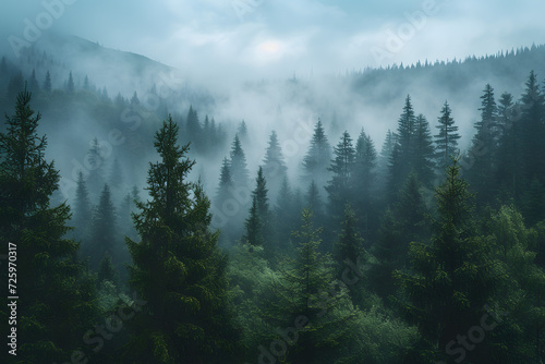 Misty Forest With Dense Trees © Ilugram