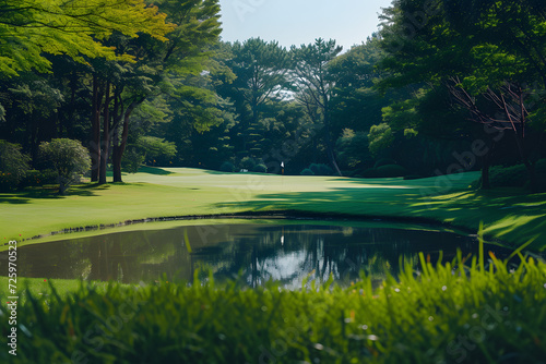 Scenic Golf Course Amidst Tree and Water Landscape