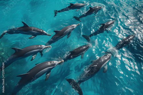 A Group of Dolphins Swimming in the Ocean